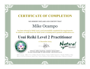 Usui Reiki Level 2 Practitioner Certificate - Mindful Momentum Coaching LLC - Mike Ocampo