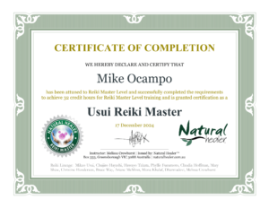 Usui Reiki Master Certificate - Mindful Momentum Coaching LLC - Mike Ocampo